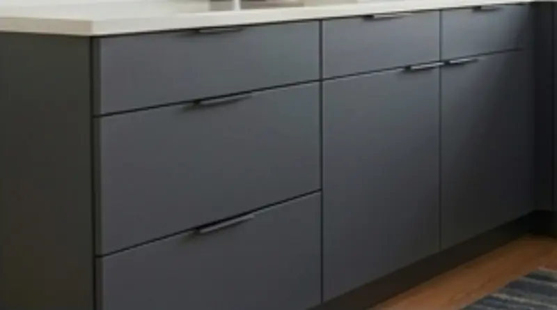 Modern frameless kitchen island with charcoal grey cabinets