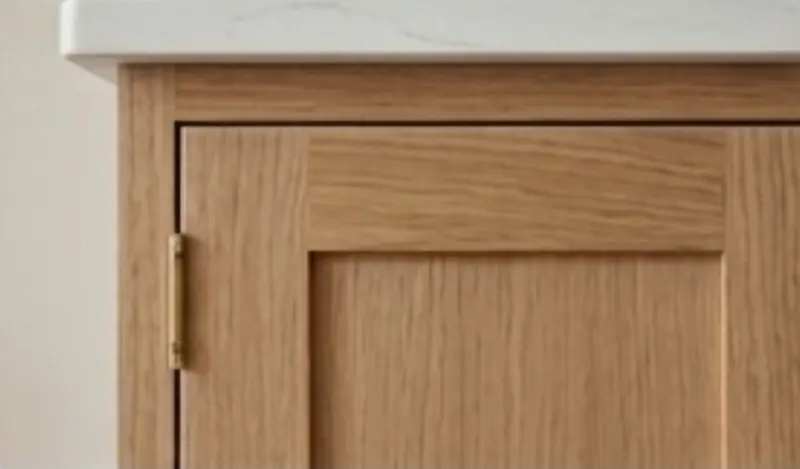 Close-up of artisan inset cabinet with exposed brass hinges